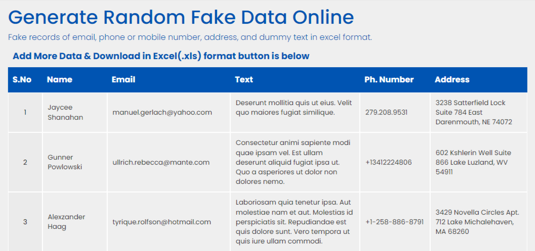 Genrate Random Fake Data Online